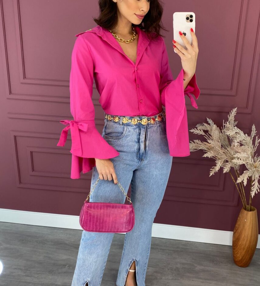 Camisa Feminina Social Manga Longa Pink Detalhe em Verde - Fernanda Ramos Store