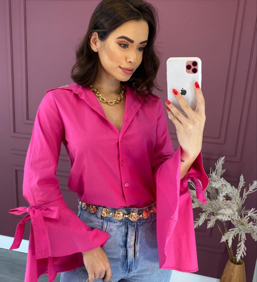 Camisa Feminina Social Manga Longa Pink Detalhe em Verde - Fernanda Ramos Store
