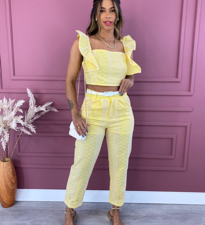Conjunto Feminino Calça e Cropped sem Bojo Bordado Amarelo - Fernanda Ramos Store