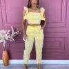 Conjunto Feminino Calça e Cropped sem Bojo Bordado Amarelo Fernanda Ramos Store