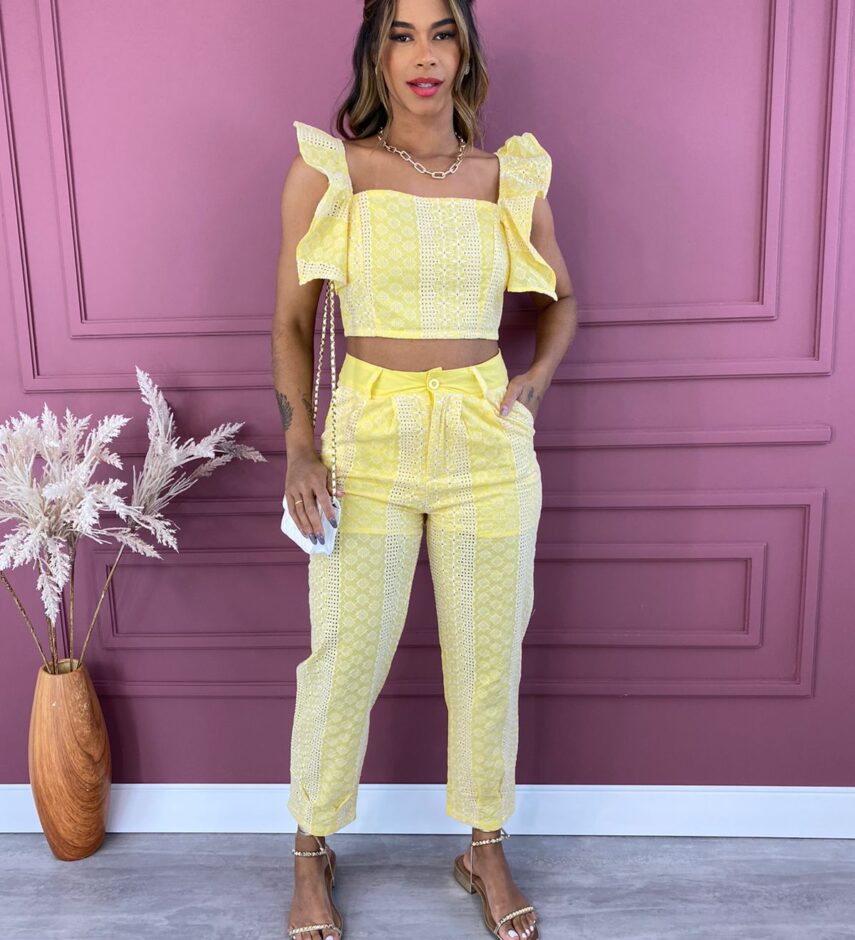Conjunto Feminino Calça e Cropped sem Bojo Bordado Amarelo - Fernanda Ramos Store