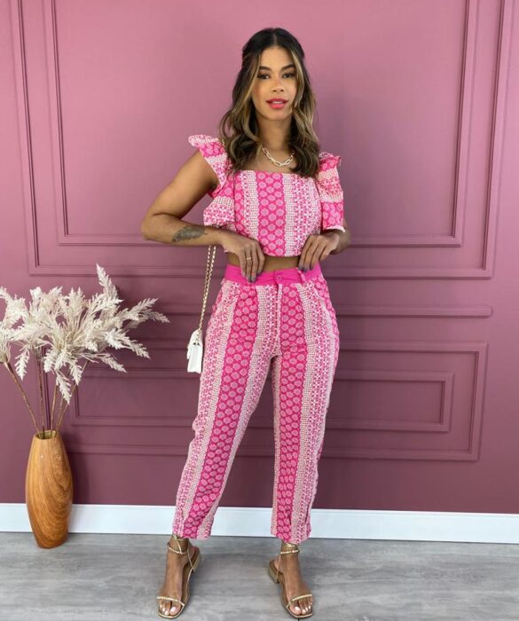 Conjunto Feminino Calça e Cropped sem Bojo Bordado Pink Fernanda Ramos Store