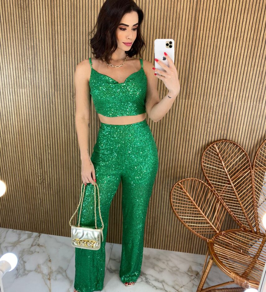 Conjunto Feminino Calça e Cropped sem Bojo Paetê Verde - Fernanda Ramos Store
