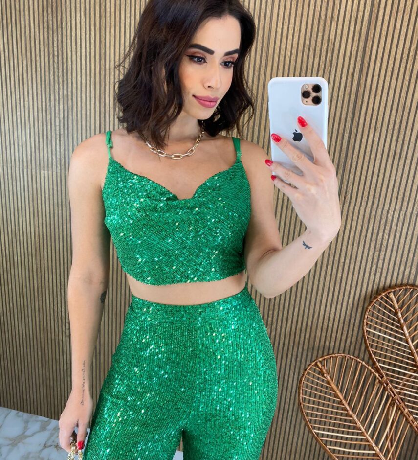 Conjunto Feminino Calça e Cropped sem Bojo Paetê Verde - Fernanda Ramos Store