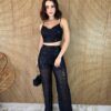 Conjunto Feminino Calça e Cropped sem Bojo Paetê Preto Fernanda Ramos Store