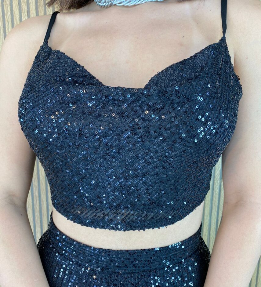 Conjunto Feminino Calça e Cropped sem Bojo Paetê Preto - Fernanda Ramos Store