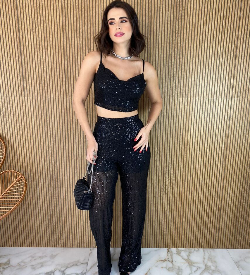 Conjunto Feminino Calça e Cropped sem Bojo Paetê Preto - Fernanda Ramos Store