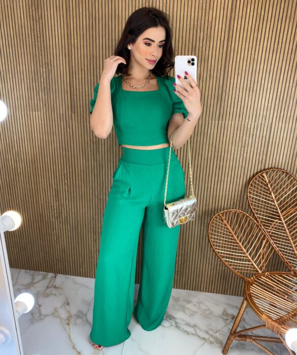 Conjunto Feminino Calça Pantalona e Cropped com Bojo Verde Fernanda Ramos Store