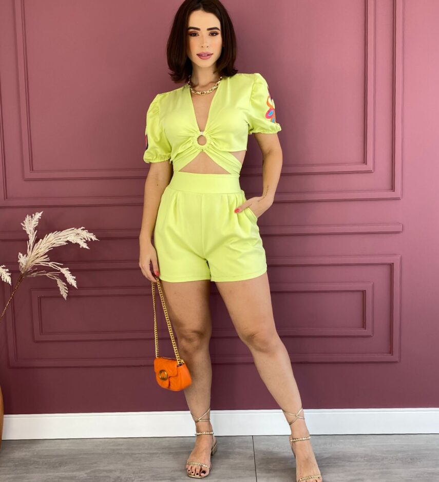 Conjunto Feminino Verde Lima Cropped Bordado e Short - Fernanda Ramos Store
