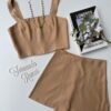 Conjunto Feminino Short Saia e Cropped sem Bojo Bege Fernanda Ramos Store