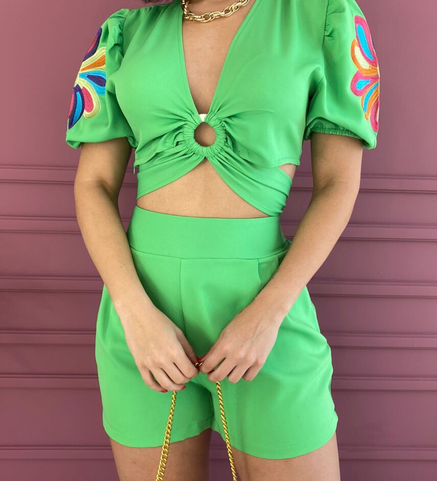 Conjunto Feminino Verde Cropped Bordado e Short - Fernanda Ramos Store