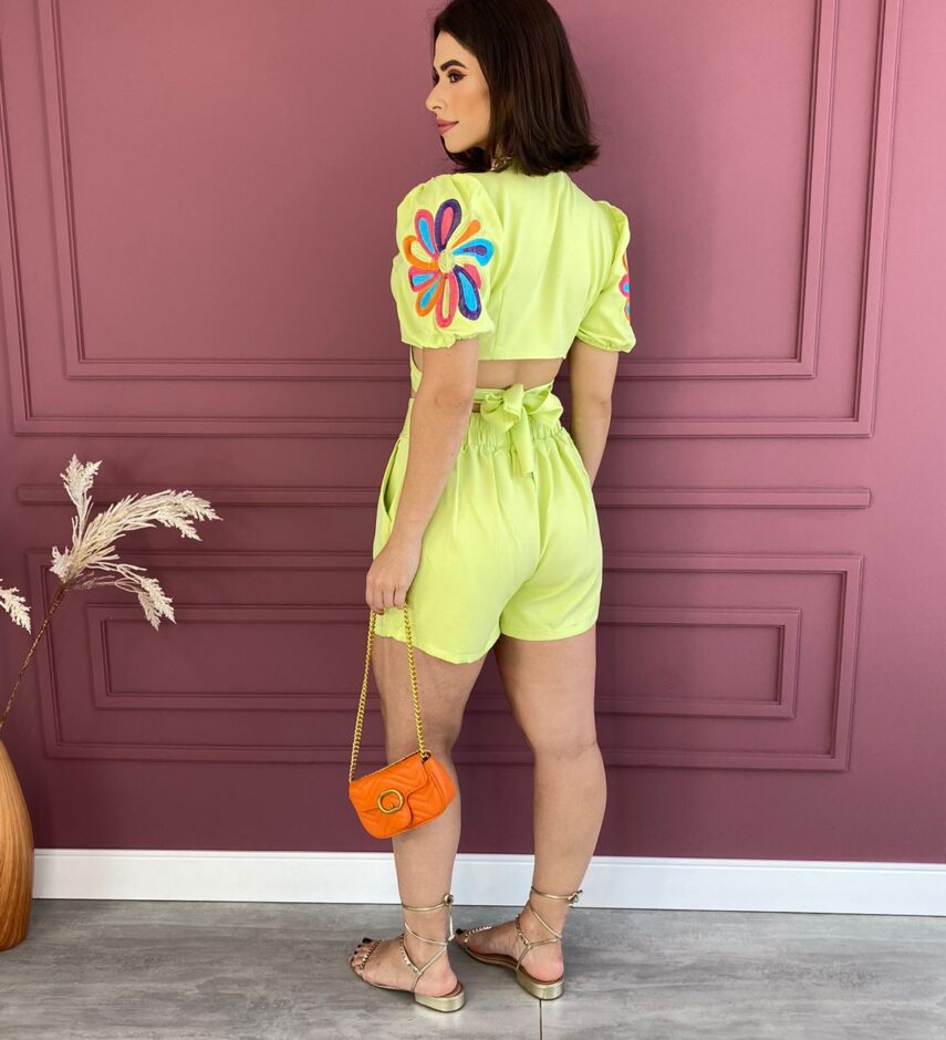 Conjunto Feminino Verde Lima Cropped Bordado e Short - Fernanda Ramos Store