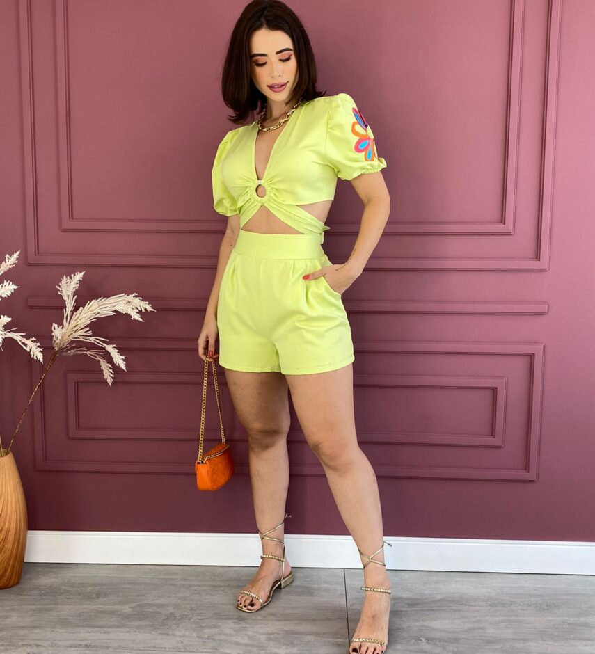 Conjunto Feminino Verde Lima Cropped Bordado e Short - Fernanda Ramos Store