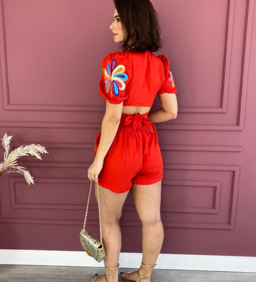 Conjunto Feminino Vermelho Cropped Bordado e Short - Fernanda Ramos Store