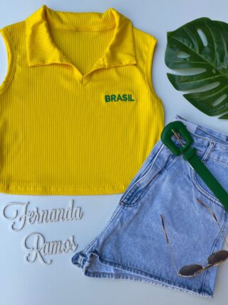 cropped feminino amarelo canelado com gola sem bojo fernanda ramos store