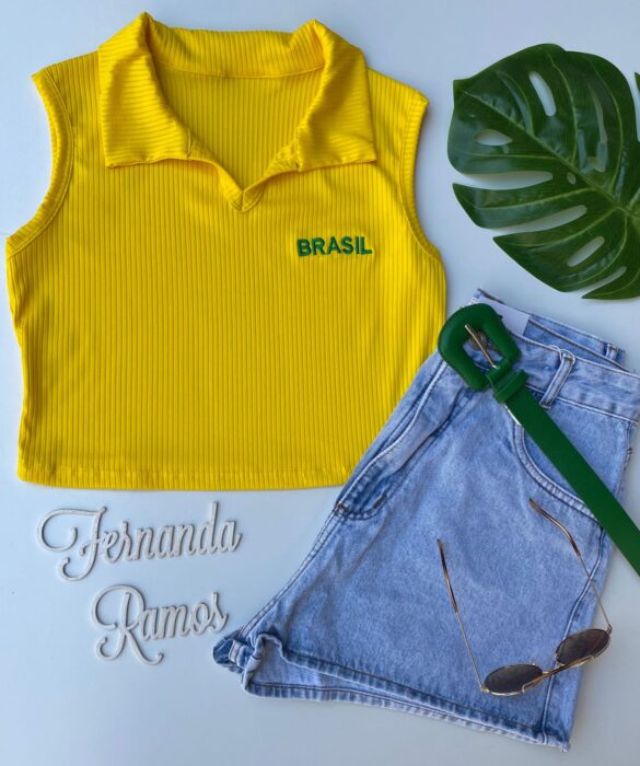 cropped feminino amarelo canelado com gola sem bojo fernanda ramos store