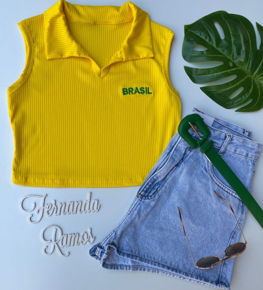 cropped feminino amarelo canelado com gola sem bojo fernanda ramos store