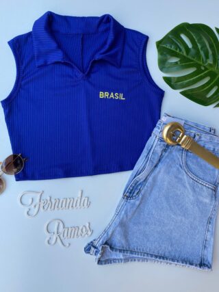 cropped feminino azul canelado com gola sem bojo fernanda ramos store