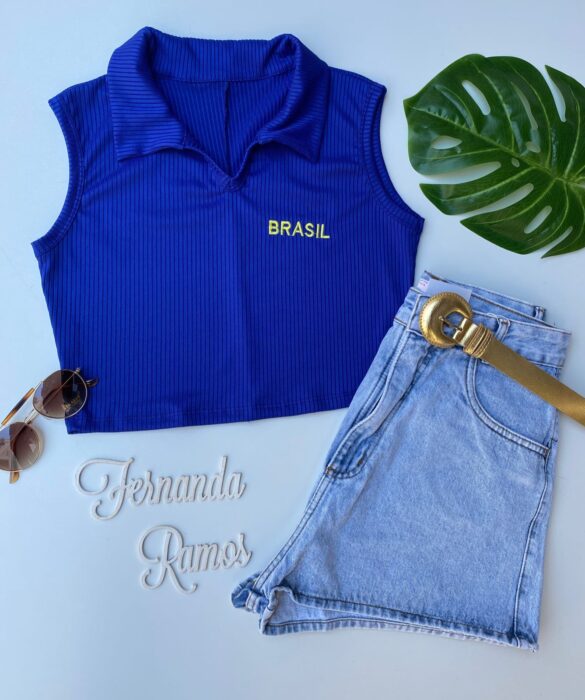 cropped feminino azul canelado com gola sem bojo fernanda ramos store