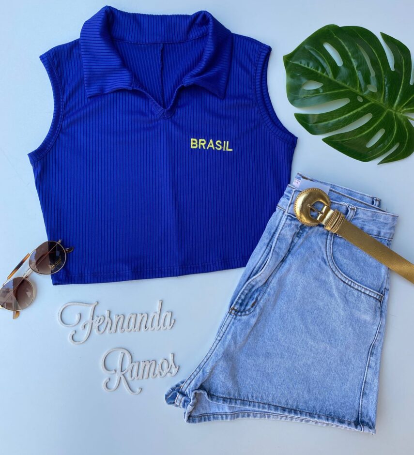 cropped feminino azul canelado com gola sem bojo fernanda ramos store