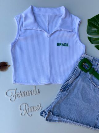 Cropped Feminino Branco Canelado com Gola sem Bojo. fernanda ramos store