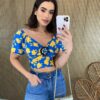 Cropped Feminino com Argola Estampa Azul e Amarelo Fernanda Ramos Store