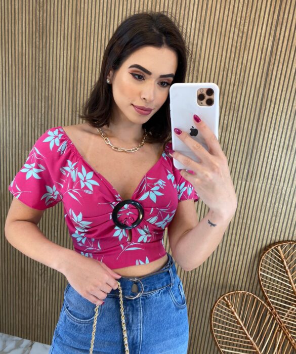 Cropped Feminino com Argola Estampa Pink e Azul Fernanda Ramos Store