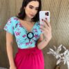 Cropped Feminino com Argola Estampa Verde e Pink Fernanda Ramos Store