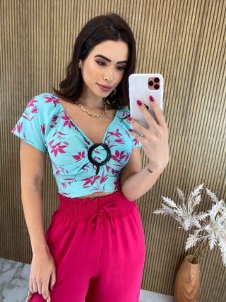 Cropped Feminino com Argola Estampa Verde e Pink Fernanda Ramos Store