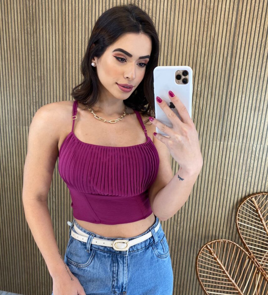 Cropped Feminino com Bojo Plissado de Alça Regulável Fúcsia Fernanda Ramos Store