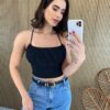 Cropped Feminino com Bojo Plissado de Alça Regulável Preto Fernanda Ramos Store