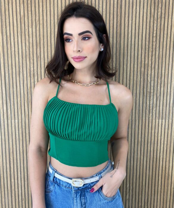 Cropped Feminino com Bojo Plissado de Alça Regulável Verde Fernanda Ramos Store