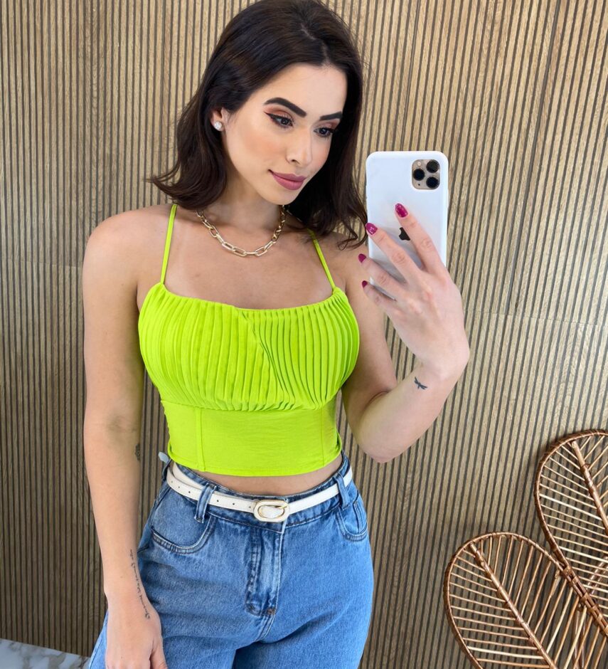 Cropped Feminino com Bojo Plissado de Alça Regulável Verde Lima Fernanda Ramos Store