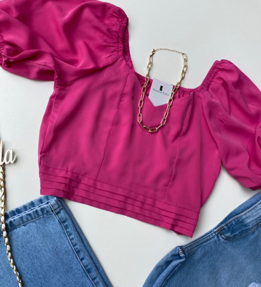 Cropped Feminino Manga Bufante sem Bojo Rosa - Fernanda Ramos Store