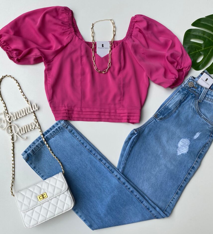 Cropped Feminino Manga Bufante sem Bojo Rosa - Fernanda Ramos Store