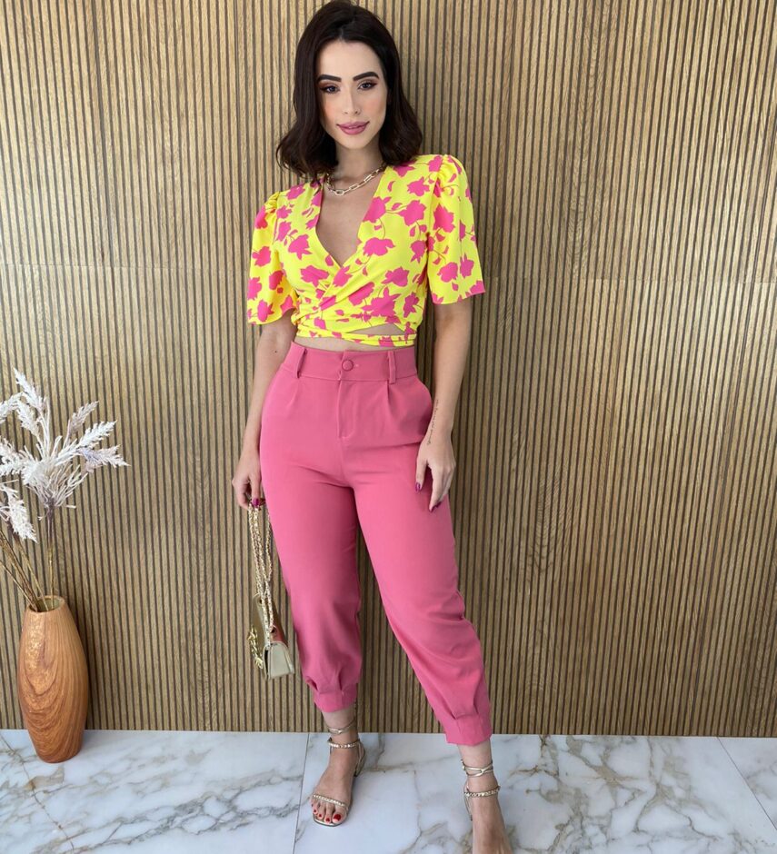 Cropped Feminino Manga Curta com Amarração Amarelo e Pink - Fernanda Ramos Store