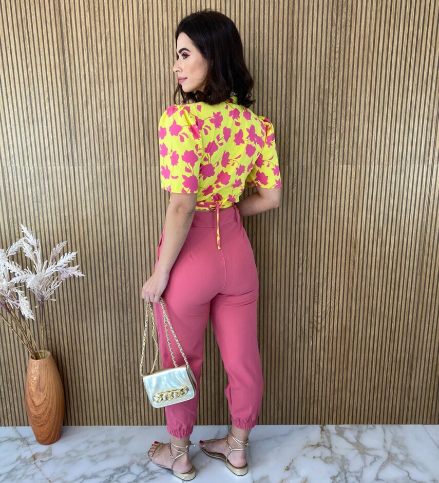 Cropped Feminino Manga Curta com Amarração Amarelo e Pink - Fernanda Ramos Store