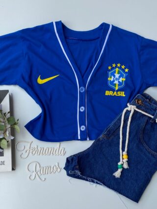 Cropped Feminino Manga Curta com Botões e Estampa Azul Fernanda Ramos Store