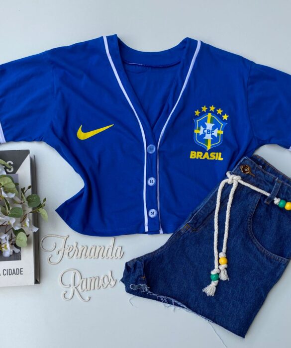 Cropped Feminino Manga Curta com Botões e Estampa Azul Fernanda Ramos Store