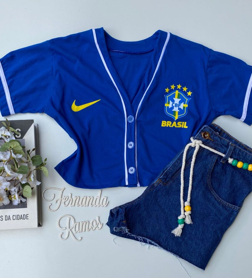 Cropped Feminino Manga Curta com Botões e Estampa Azul Fernanda Ramos Store