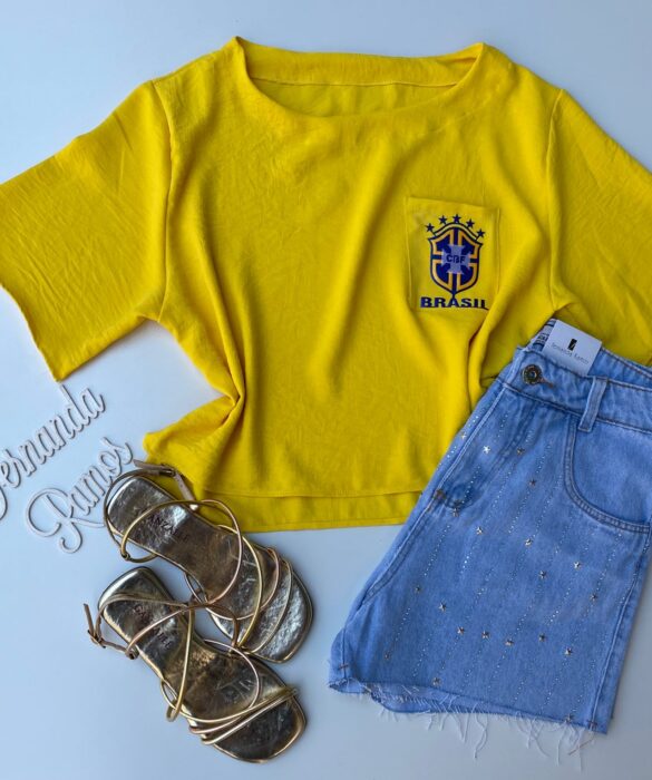 Cropped Feminino Manga Curta Crepe com Bolso Amarelo Fernanda Ramos Store