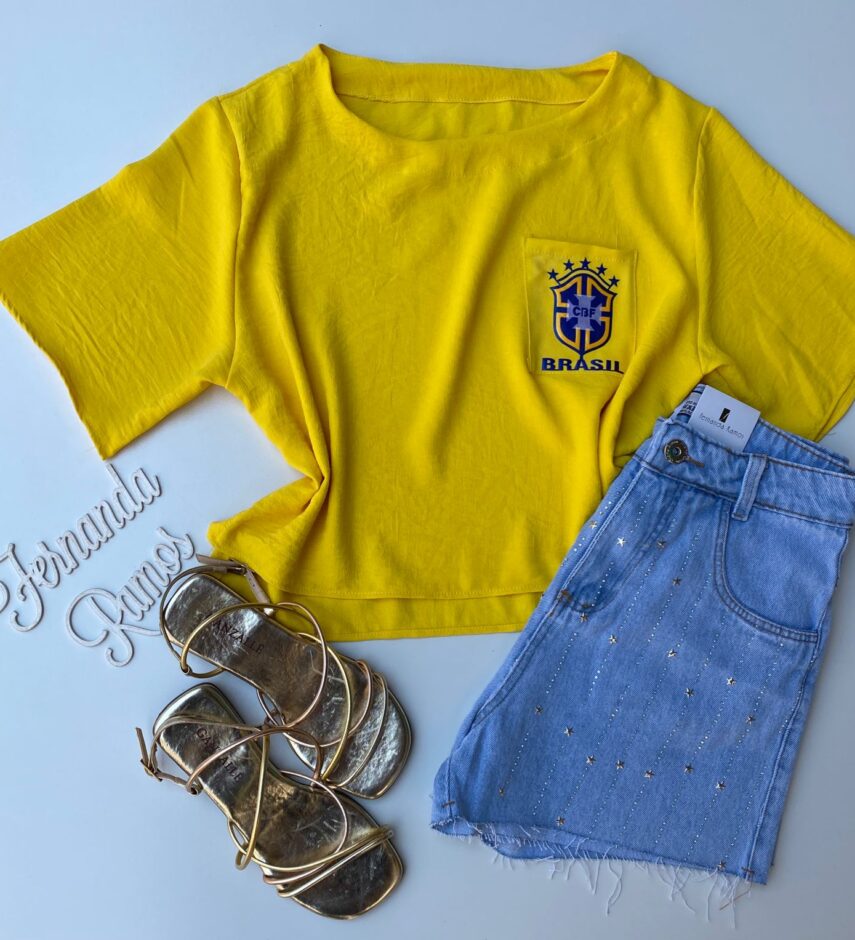 Cropped Feminino Manga Curta Crepe com Bolso Amarelo Fernanda Ramos Store