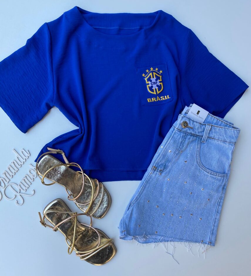 Cropped Feminino Manga Curta Crepe com Bolso Azul Fernanda Ramos Store