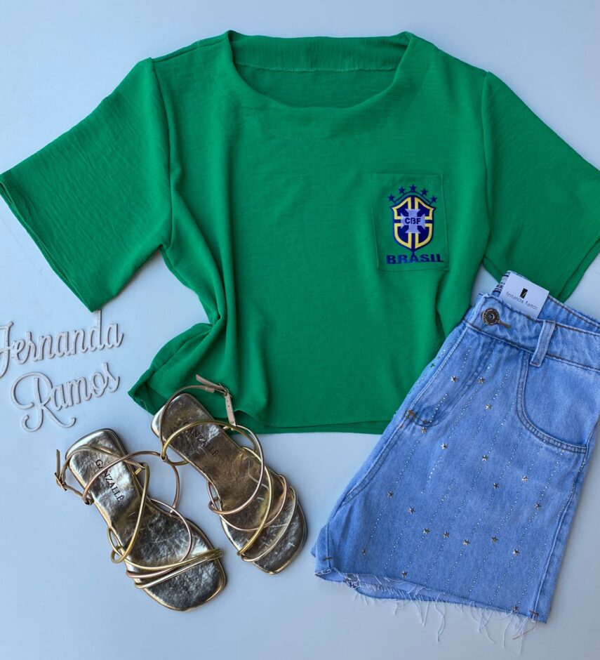 Cropped Feminino Manga Curta Crepe com Bolso Verde Fernanda Ramos Store