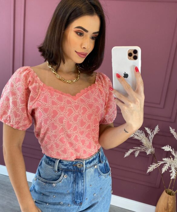 Cropped Feminino Manga Curta Laise sem Bojo Rose Fernanda Ramos Store