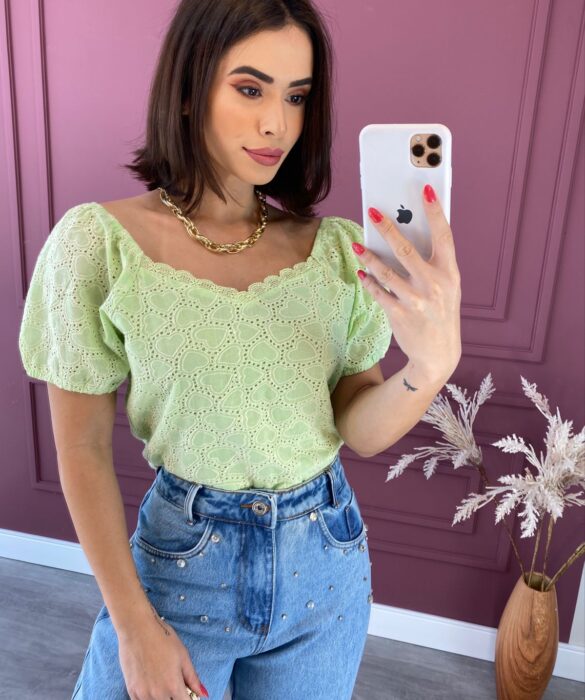 Cropped Feminino Manga Curta Laise sem Bojo Verde Fernanda Ramos Store