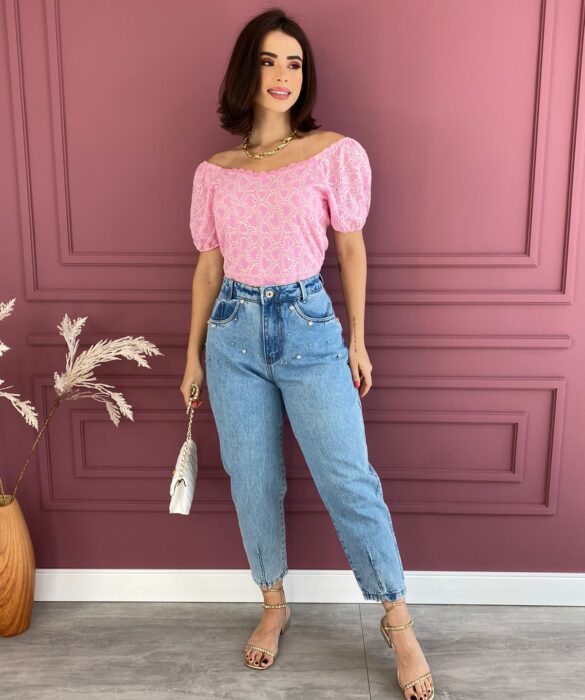 Cropped Feminino Manga Curta Laise sem Bojo Rosa Fernanda Ramos Store