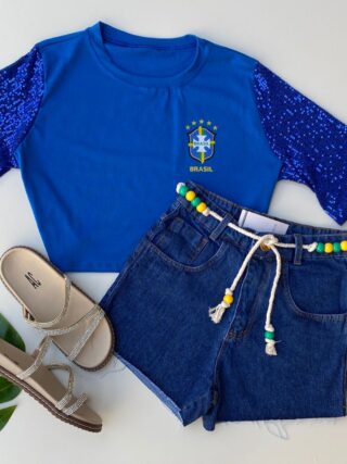 Cropped Feminino Manga em Paetê Azul Fernanda Ramos Store