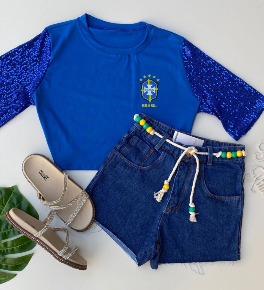 Cropped Feminino Manga em Paetê Azul Fernanda Ramos Store