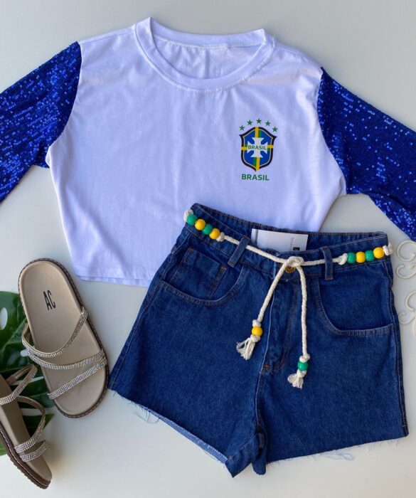 Cropped Feminino Manga em Paetê Branco Fernanda Ramos Store